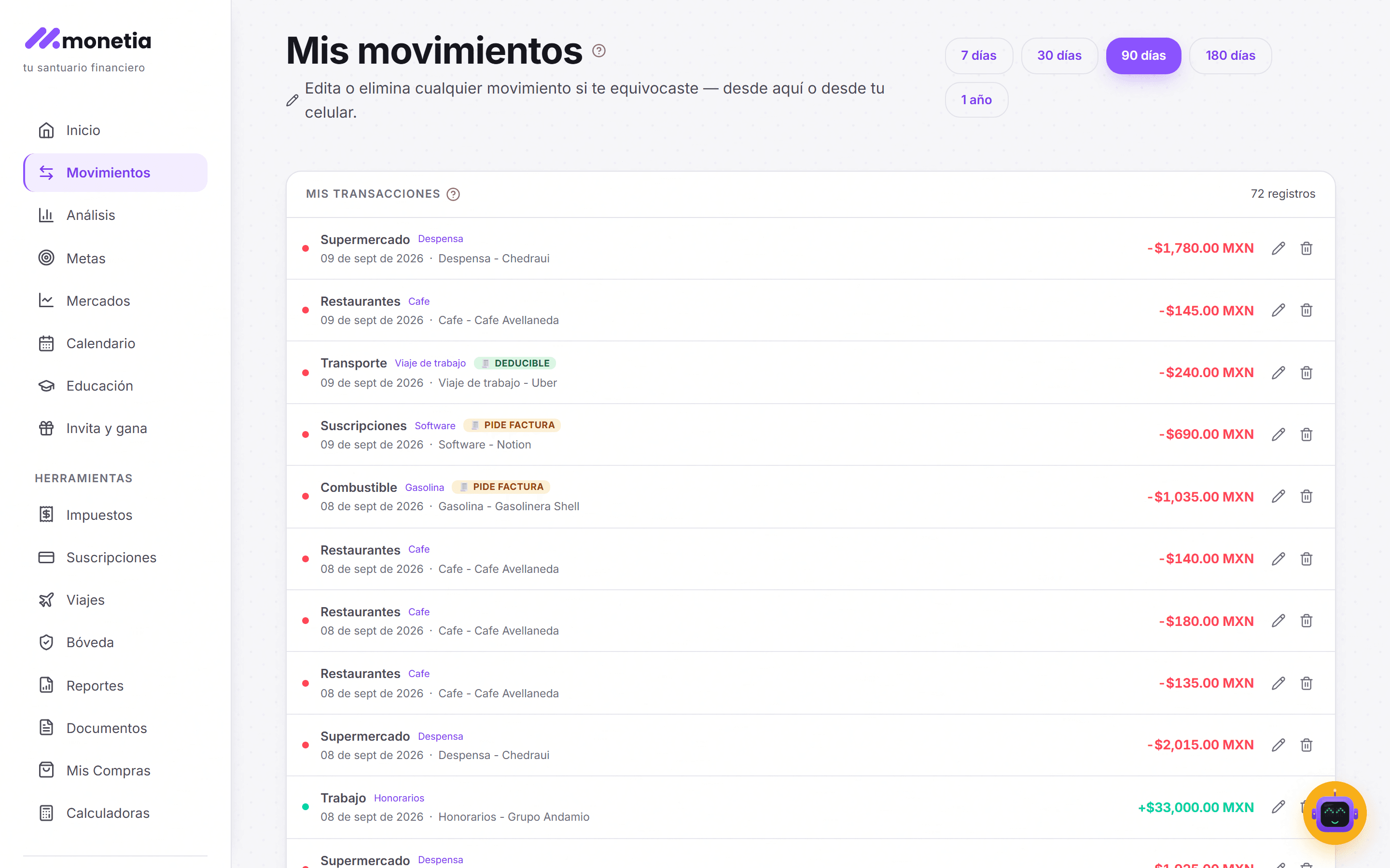 Lista de movimientos de Monetia: cada gasto marcado como deducible, pide factura o no deducible